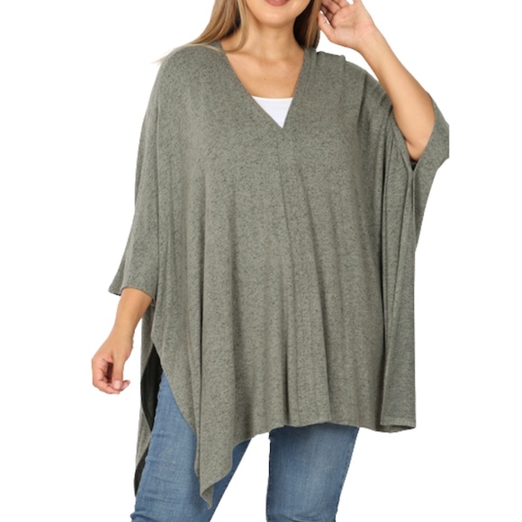 Light Olive Oversized V-Neck Poncho - Picture 1 of 2